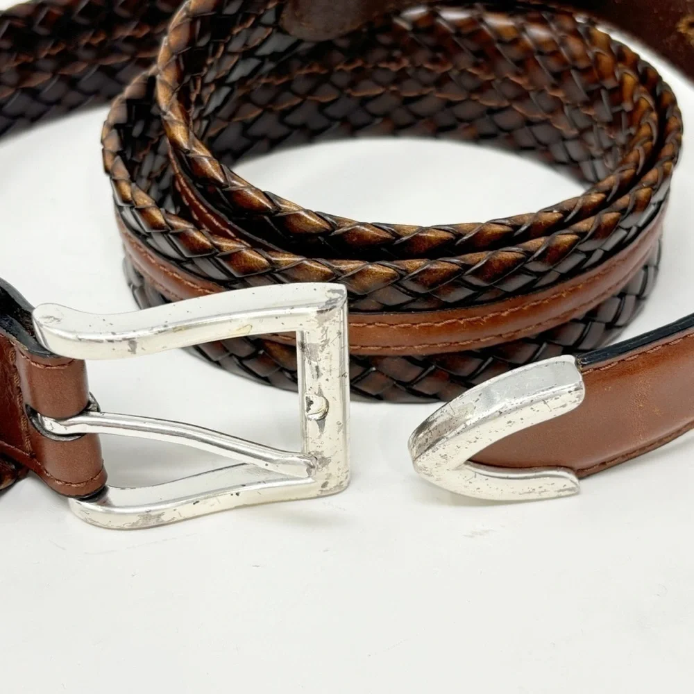 Two Tone Brown Leather Woven Waist Belt Men’s Silver Hardware Size 37” - 41”